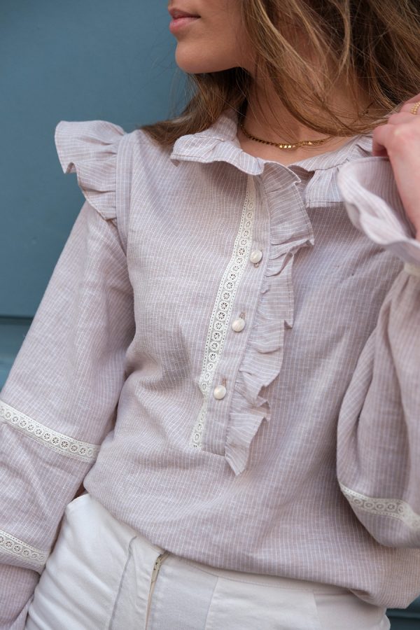 Réalisation - patron de couture - Blouse - Chemise - Cha' coud - niveau avancé - couture facile - popeline à rayures - patron blouse - patron chemise - patron blouse à volant - patron blouse ajourée - Simona