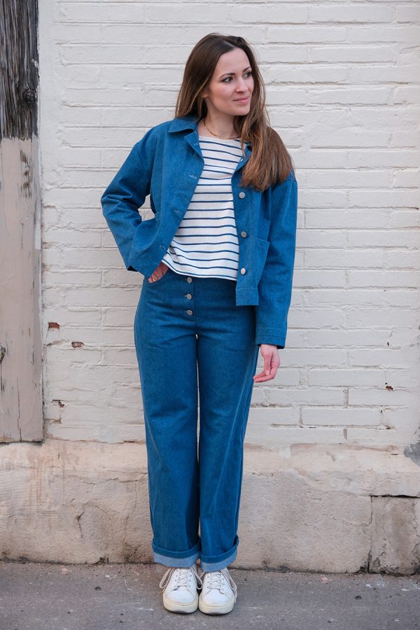 Réalisation - patron de couture - veste - pantalon - Cha' coud - niveau avancé - couture facile - look jeans - patron veste - patron pantalon - patron pantalon boutonné - patron veste jeans - Tilda - Oxane