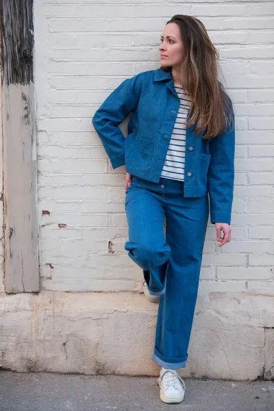 Réalisation - patron de couture - veste - pantalon - Cha' coud - niveau avancé - couture facile - look jeans - patron veste - patron pantalon - patron pantalon boutonné - patron veste jeans - Tilda - Oxane