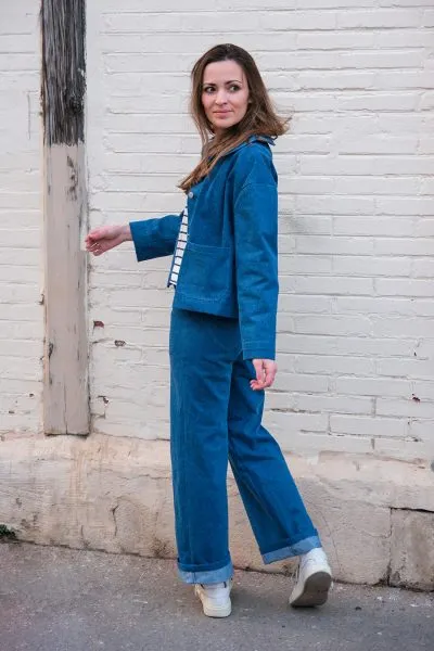 Réalisation - patron de couture - veste - pantalon - Cha' coud - niveau avancé - couture facile - look jeans - patron veste - patron pantalon - patron pantalon boutonné - patron veste jeans - Tilda - Oxane