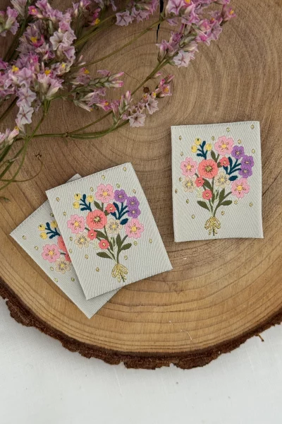Lot de 3 étiquettes tissées - bouquet champêtre