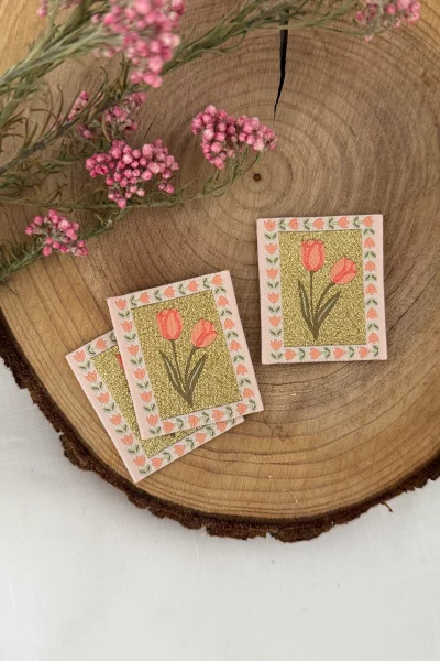 Lot de 3 étiquettes tissées - tulipes délicates